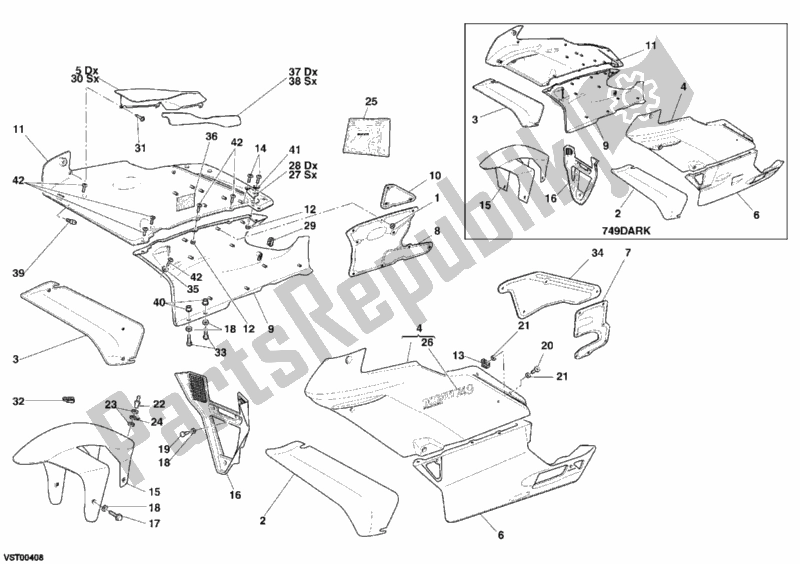 Alle onderdelen voor de Kuip van de Ducati Superbike 749 Dark 2005
